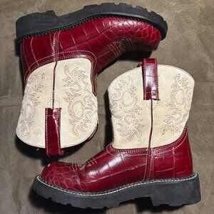 Ariat Fatbaby Red and Cream Alligator Print Western Boot - Size 8.5